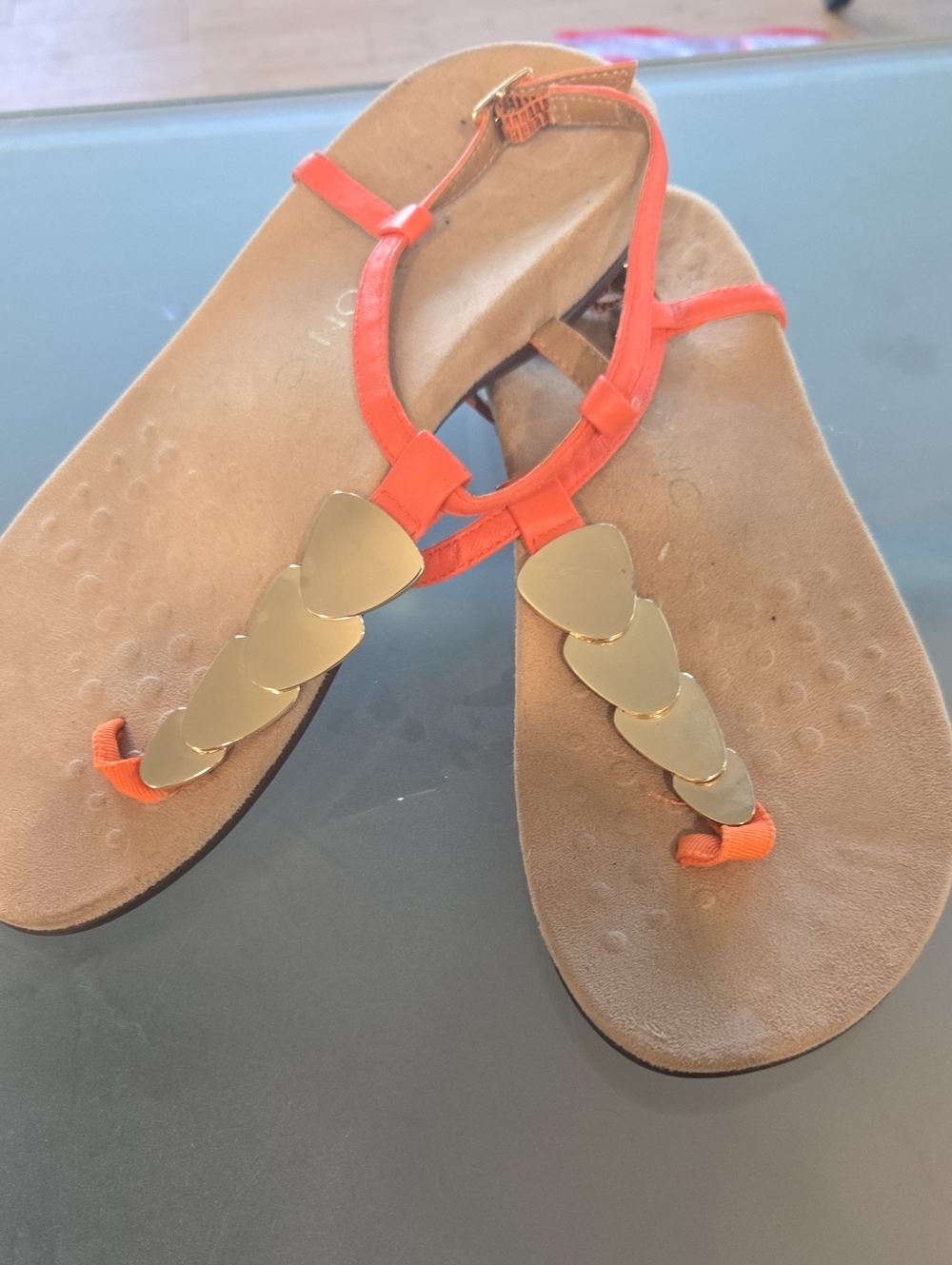 Vionic Orange T-Strap Sandals with Gold Teardrop Accents